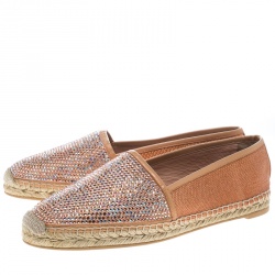 René Caovilla Peach Pink Canvas and Crystal Embellished Satin Espadrille Size 41