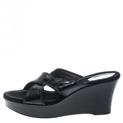 Pre Owned René Caovilla Black Leather Crystal Embellished Wedge Slides Size 42