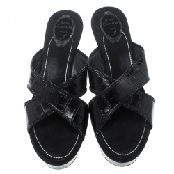 Pre Owned René Caovilla Black Leather Crystal Embellished Wedge Slides Size 42