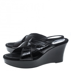 Pre Owned René Caovilla Black Leather Crystal Embellished Wedge Slides Size 42