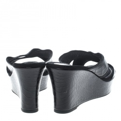 Pre Owned René Caovilla Black Leather Crystal Embellished Wedge Slides Size 42