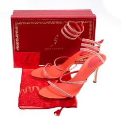 مملوكة مسبقًا René Caovilla Coral Orange Satin Crystal Embellished Ankle Wrap Open Toe Sandals Size 41