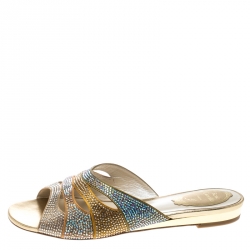René Caovilla Multicolor Crystal Embellished Satin Flat Slides Size 37