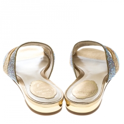 René Caovilla Multicolor Crystal Embellished Satin Flat Slides Size 37