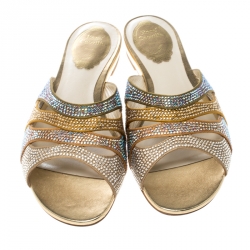 René Caovilla Multicolor Crystal Embellished Satin Flat Slides Size 37