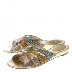 René Caovilla Multicolor Crystal Embellished Satin Flat Slides Size 37