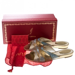 René Caovilla Multicolor Crystal Embellished Satin Flat Slides Size 37