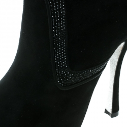 René Caovilla Black Suede Crystal Embellished Platform Ankle Boots Size 38