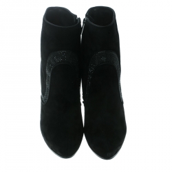 René Caovilla Black Suede Crystal Embellished Platform Ankle Boots Size 38