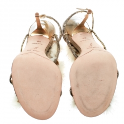 Pre Owned René Caovilla Beige Fur And Crystal Embellished Strappy Sandals Size 38