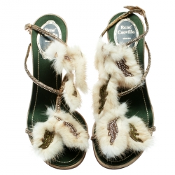 Pre Owned René Caovilla Beige Fur And Crystal Embellished Strappy Sandals Size 38