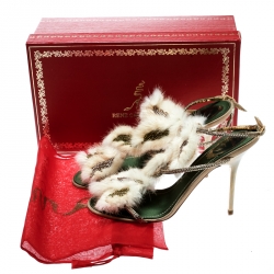 Pre Owned René Caovilla Beige Fur And Crystal Embellished Strappy Sandals Size 38