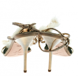 Pre Owned René Caovilla Beige Fur And Crystal Embellished Strappy Sandals Size 38
