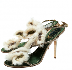 Pre Owned René Caovilla Beige Fur And Crystal Embellished Strappy Sandals Size 38