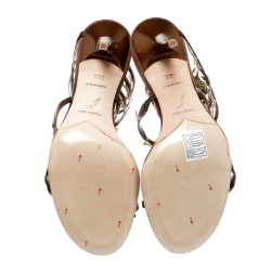 Pre Owned René Caovilla Brown Satin Crystal Embellished Vine Ankle Wrap Open Toe Sandals Size 38.5
