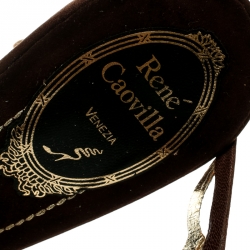 Pre Owned René Caovilla Brown Satin Crystal Embellished Vine Ankle Wrap Open Toe Sandals Size 38.5