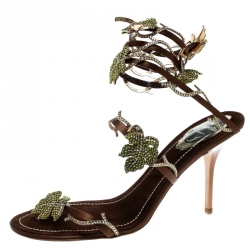 Pre Owned René Caovilla Brown Satin Crystal Embellished Vine Ankle Wrap Open Toe Sandals Size 38.5