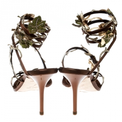 Pre Owned René Caovilla Brown Satin Crystal Embellished Vine Ankle Wrap Open Toe Sandals Size 38.5