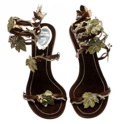 Pre Owned René Caovilla Brown Satin Crystal Embellished Vine Ankle Wrap Open Toe Sandals Size 38.5
