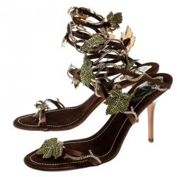 Pre Owned René Caovilla Brown Satin Crystal Embellished Vine Ankle Wrap Open Toe Sandals Size 38.5