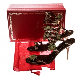 Pre Owned René Caovilla Brown Satin Crystal Embellished Vine Ankle Wrap Open Toe Sandals Size 38.5