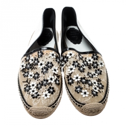 Rene Caovilla Monochrome Lace And Leather Floral Embellished Espadrilles Size 41