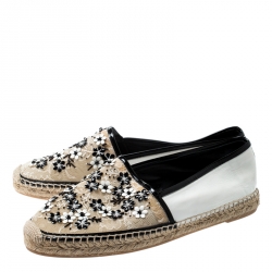 Rene Caovilla Monochrome Lace And Leather Floral Embellished Espadrilles Size 41