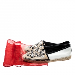 Rene Caovilla Monochrome Lace And Leather Floral Embellished Espadrilles Size 41