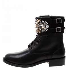 Rene Caovilla Black Leather And Crystal Embellished Suede Combat Boots Size 39.5