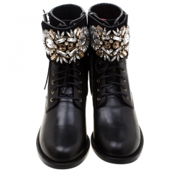 Rene Caovilla Black Leather And Crystal Embellished Suede Combat Boots Size 39.5