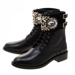 Rene Caovilla Black Leather And Crystal Embellished Suede Combat Boots Size 39.5