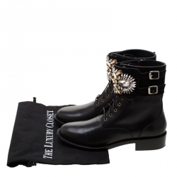 Rene Caovilla Black Leather And Crystal Embellished Suede Combat Boots Size 39.5