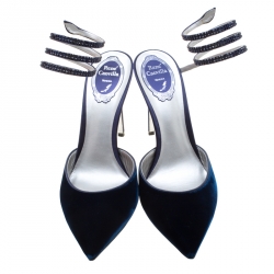 Pre Owned René Caovilla Blue Velvet Crystal Embellished Ankle Wrap Sandals Size 40