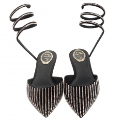 Pre Owned René Caovilla Black Satin Embellished Ankle Wrap Flats Size 42