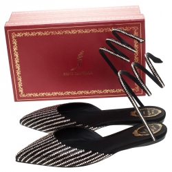 Pre Owned René Caovilla Black Satin Embellished Ankle Wrap Flats Size 42