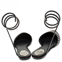 Pre Owned René Caovilla Black Satin Embellished Ankle Wrap Flats Size 42