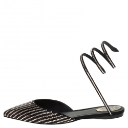 Pre Owned René Caovilla Black Satin Embellished Ankle Wrap Flats Size 42