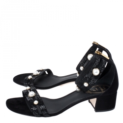 Rene Caovilla Black Suede Crystal And Pearl Embellished Block Heel Sandals Size 38
