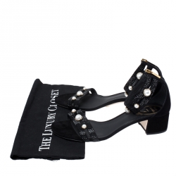 Rene Caovilla Black Suede Crystal And Pearl Embellished Block Heel Sandals Size 38