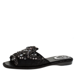 René Caovilla Black Lace Crystal Embellished Flat Slides Size 36