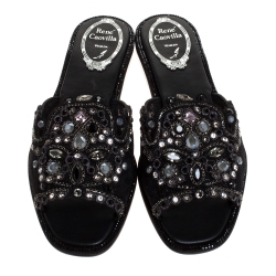 René Caovilla Black Lace Crystal Embellished Flat Slides Size 36