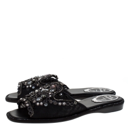 René Caovilla Black Lace Crystal Embellished Flat Slides Size 36