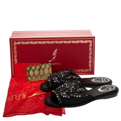 René Caovilla Black Lace Crystal Embellished Flat Slides Size 36