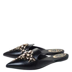 Rene Caovilla Black Leather Crystal Embellished Pointed Toe Flat Slide Mules Size 38