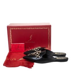 Rene Caovilla Black Leather Crystal Embellished Pointed Toe Flat Slide Mules Size 38
