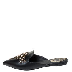 Rene Caovilla Black Leather Crystal Embellished Pointed Toe Flat Slide Mules Size 38
