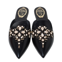 Rene Caovilla Black Leather Crystal Embellished Pointed Toe Flat Slide Mules Size 38