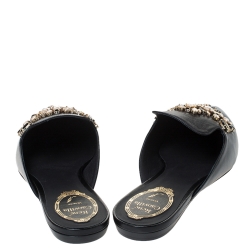 Rene Caovilla Black Leather Crystal Embellished Pointed Toe Flat Slide Mules Size 38
