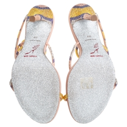 Pre Owned René Caovilla Beige Leather Crystal Embellished Ankle Wrap Sandals Size 39