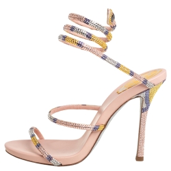 Pre Owned René Caovilla Beige Leather Crystal Embellished Ankle Wrap Sandals Size 39